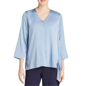 Eileen Fisher Blue Silk Charmeuse V-Neck Assymetrical Blouse Size Small